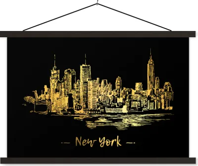 Produktbild von MuchoWow® Textilposter New York - Skyline - Gold 120x80 cm mit schwarzem Rahmen - Wanddeko