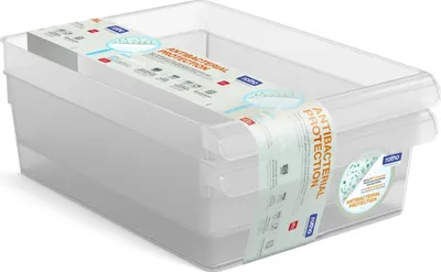 Two clear plastic storage bins stacked on top of each other, with a product label wrapped around them.