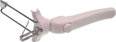 A white electric appliance with metal components, likely a kitchen utensil, is shown against a white background.