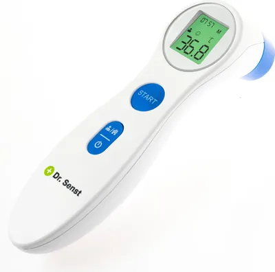 Zdjęcie produktu dla Dr. Senst DET-306, Termometr z funkcją teledetekcji, Niebieski, Biały, Czoło, Przyciski, °C, °F, Temperatura ciała, Temperatura powierzchni