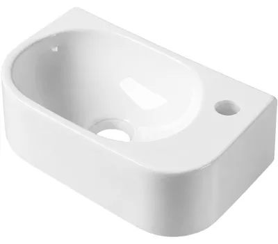 Immagine prodotto di Lavabo in Vetroceramica Nela, modello sospeso, lato destro, bianco lucido, dimensioni 42x21,5 cm