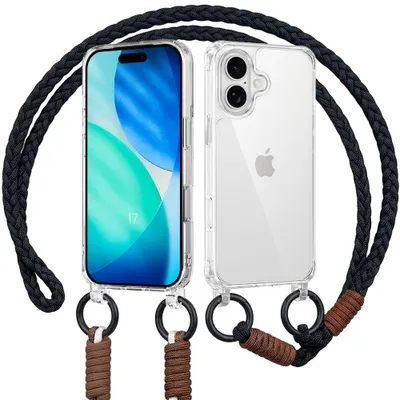 Image de Coque pour iPhone 17, Protection Rigide Antichoc Transparent Slim avec Bandoulière Noire