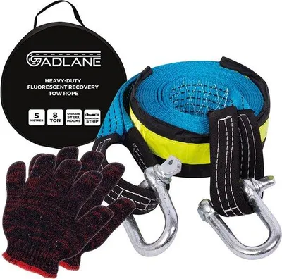 Imagen del producto de Kit de remolque Unyqoos® de 8 toneladas – Cable de remolque de 5 metros con bandas reflectantes, 2 ganchos de seguridad, cable de rescate y cabrestante, guantes, kit de emergencia y bolsa de almacenamiento