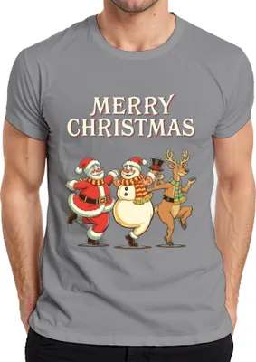 Produktbild von MERRY CHRISTMAS Weihnachtsmann Schneemann Rentier tanzend Vintage Herren T-Shirt, Grau, S