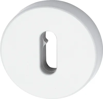 A close-up, front-facing view of a white keyhole escutcheon plate.