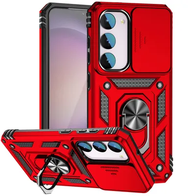 Immagine prodotto di Custodia per Samsung Galaxy S23 FE a doppio strato con copertura scorrevole della fotocamera e supporto ad anello rosso