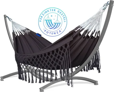 Produktbild von Potenza Outdoor Hängematte mit Verzinkter Gestell für 2 Personen I Medelin - 100% Baumwolle Doppelhängematte 230x160, 200kg I Hängemattengestell 220kg, wetterfest