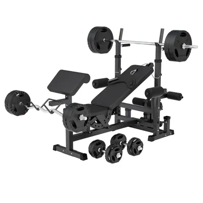 Produktbild von GORILLA SPORTS® Hantelbank - mit 100kg Hantelset, Ablage, Dip-Station, Verstellbar, Schwarz - Multifunktion Trainingsbank mit Gewichten, Kraftstation