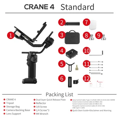 Produktbild von ZHIYUN CRANE 4 Standard-Handheld-3-Achsen-Kamera-Gimbal-Stabilisator, 6 kg Tragkraft, eingebautes 10-W-LED-Fuelllicht, PD-Schnellladeakku mit Mini-Stativ, Tragetasche, Ersatz fuer Canon Nikon Sony DSLR-Kamera