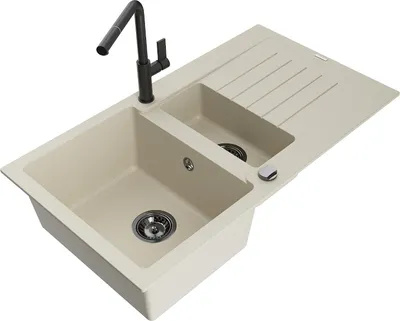 Immagine prodotto di Mexen Matias lavello in granito 1,5 vasche con gocciolatoio e rubinetto da cucina Flora, beige - 6502-69-670401-70-B
