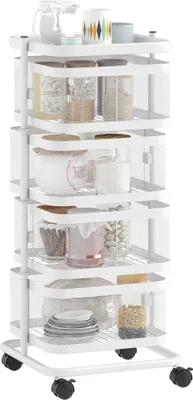 Produktbild von Drehbarer Aufbewahrungswagen mit 4 Körben auf Rollen Gemüse- und Obstwagen Ablage Drahtregal 33 x 33 x 77 cm Weiß