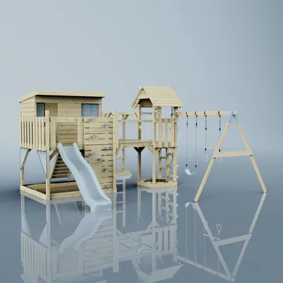 Produktbild von OutdoorToys Spielturm Johanna aus Holz in Blau Trapezschaukel