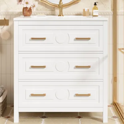 Imagen del producto de Mueble de lavabo independiente, blanco, de 76,5 x 47 x 82 cm, con 3 cajones y lavabo de cerámica integrado