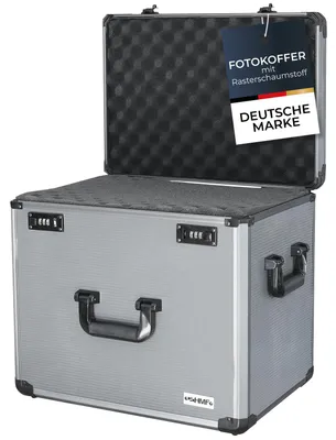 Alu Fotokoffer oder Miniaturenkoffer mit Rasterschaumstoff von HMF mit den Maßen 46 x 41 x 33 cm
