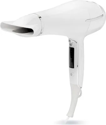 A white hairdryer is shown against a white background.