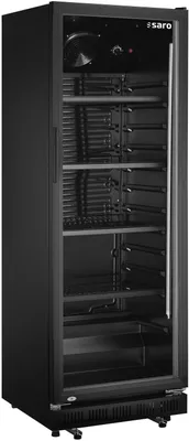 A black commercial refrigerator with a glass door.