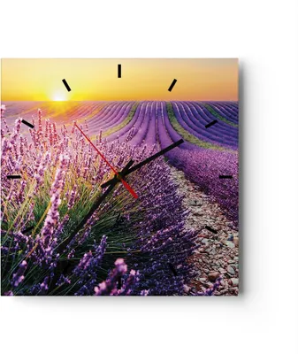 Produktbild von Wanduhr - Quadrat - Glasuhr - Feld Lavendel Sonne - 30x30cm - Schleichendes Uhrwerk - Lautlos - zum Aufhängen bereit - Dekoration Modern - Wanddekoration aus Glas - C3AC30x30-4703