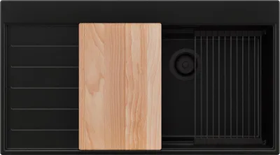 Produktbild von PRIMAGRAN Spülbecken Alles Schwarz 90x50cm, Granitspüle 1 Becken + Ablauf-Set + Küchenzubehörset, Küchenspüle ab 60er Unterschrank - Sydney