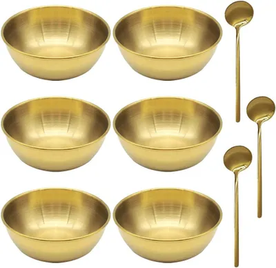 Productafbeelding van Set van 6 Mini Dipping Bowls, Goud, RVS, met 3 Lepels, voor Sauzen en Snacks