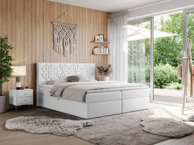 Produktbild von MKS MEBLE Boxspringbett 160x200 mit Matratze H3 und Bettkasten, Doppelbett Bett mit Stauraum und Topper, Polsterbett 160x200 mit Kopfteil - Leila - Weiß Kunstleder - H3
