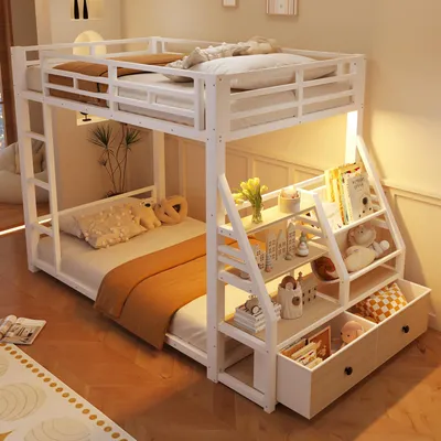 Produktbild von Flieks Etagenbett 90x200cm mit Schubladen und Regal, Kinderbett Bodenbett 2 Kinder, Jugendbett Metallbett mit Led, Hochbett Weiß