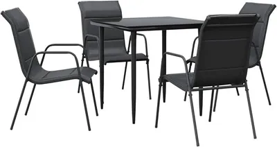Produktbild von 5-TLG. Garten Essgruppe 4 Personen, Gartenmöbel Set, Tisch mit Stuhl, Terassenmöbel, Gartengarnitur für Garten Terrasse, Schwarz Stahl und Textilene