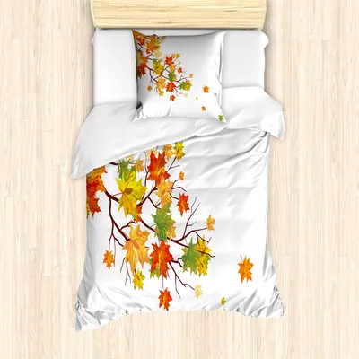 Produktbild von ABAKUHAUS Fallen Mantele, Herbst-Laub Maple Leaf, Milbensicher Allergiker geeignet mit Kissenbezügen, 135 cm x 200 cm - 80 x 80 cm, Gelb Orange