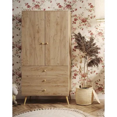 Produktbild von NATURA Kleiderschrank 100cm (3 Schubladen + Kleiderstange) Eiche Craft Gold Boho Echtholz Buche Soft-Close
