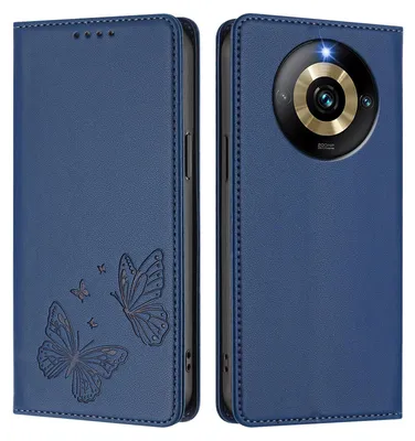 Obrázek produktu pro Kožené pouzdro pro Realme Narzo 60 Pro, motýlí ražbou, peněženkové flip pouzdro se stojánkem Tmavě modrá