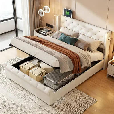Produktbild von INONEFT Boxspringbett 160×200 mit Leselampe &USB ,Polsterbett mit Stauraum,Hydraulisches Doppelbett, Samt, Beige.