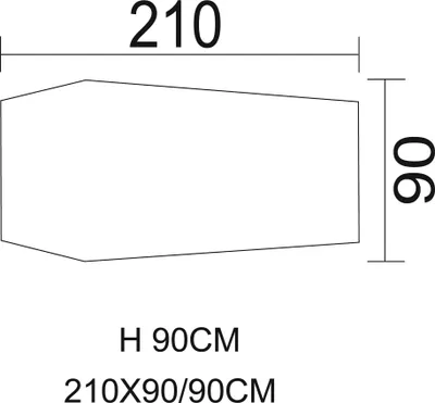 A technical drawing showing the dimensions of a product, likely a tent, with numerical labels indicating length and height.