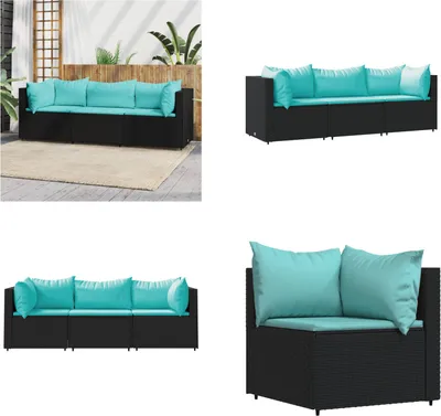 Image de vidaXL 3 pcs. Garden Lounge Set with Coussins Black Poly Rattan - Garden Lounge Set - Garden Lounge Sets - Outdoor Lounge Set - Lounge Set Terrasse
