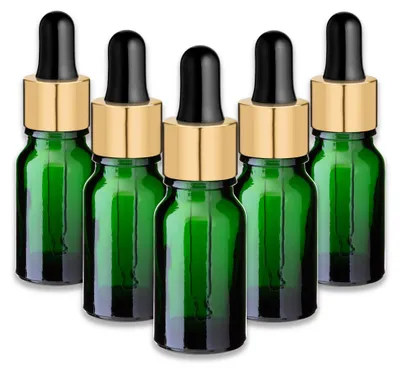 Produktbild von 5x Grüne Glasflasche 10 ml mit goldener Aluminiumpipette – Fläschchen