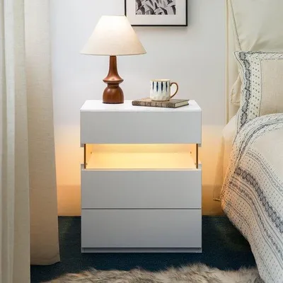 Image de Table de chevet en acrylique avec 3 tiroirs et éclairage LED