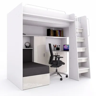 Produktbild von Marlux-Meble Hochbett JSM-7 90x200 TREPPE RECHTS mit Schreibtisch Schränke und Ausklappbares Sofa 70x180 Hochglanz Funktionsbett Etagenbett Stockbett Kinderhochbett Jugendhochbett (Beige Glanz)