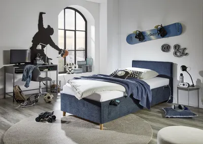 Produktbild von Meise Möbel Kinderbett FUN 90x200 cm | Bettkasten & Lattenrost | Webstoff Dunkelblau | Holzfuß eichefarbig