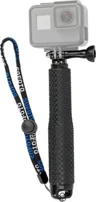 A black selfie stick with a wrist strap attached to a GoPro camera.