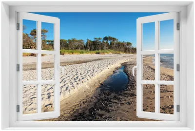 Produktbild von Wallario Premium Glasbild mit Fensterrahmen, freischwebende Optik, kräftige Farben, Größe 60 x 90 cm Motiv Einsamer Strand am Meer - Blauer Himmel