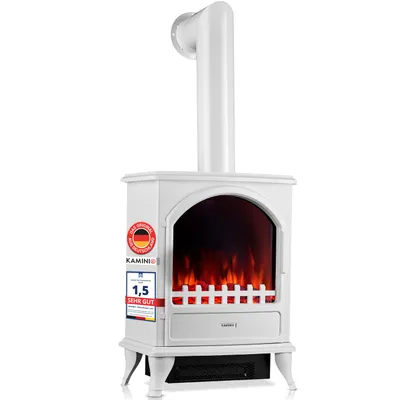 Produktbild von KAMINIO Elektrokamin LENI mit Ofenrohr - Elektrischer Kaminofen mit Heizung, 3D-Flammeneffekt - Weiß, KI-generiertes Bild