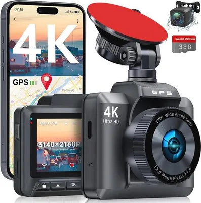 Obrázek produktu pro Autokamera s rozlišením 4K, GPS, Wi-Fi a funkcí nočního vidění – dva objektivy, paměťová karta 32 GB, parkovací asistent a G-senzor