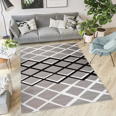 Produktbild von Teppich Wohnzimmer Schlafzimmer Kurzflor Modern Design Kurzflor Grau Schwarz Weiß Geometrisch Karo Vierecke Kariert  220 x 300 cm