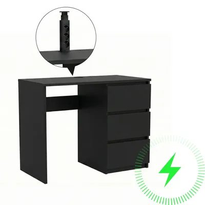 Zdjęcie produktu dla Biurko komputerowe ComfortCove, czarne, 90 cm, z 3 szufladami i gniazdkiem 3x230 V w blacie