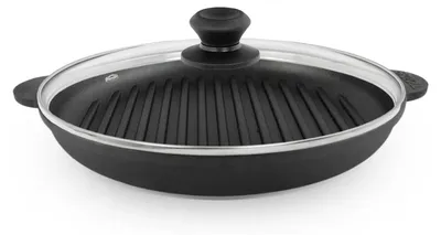 Produktbild von Ø26cm Grillpfanne aus Gusseisen Bräter mit Glasdeckel Schmortopf zwei Griffe Servierpfanne Grill