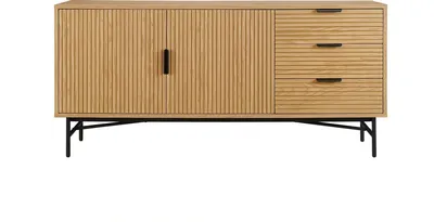 Produktbild von SalesFever Sideboard | mit 2 Türen und 3 Schubladen | MDF Eiche Echtholzfurnier | Gestell Metall | B 160 x T 40 x H 75 cm | natur – schwarz