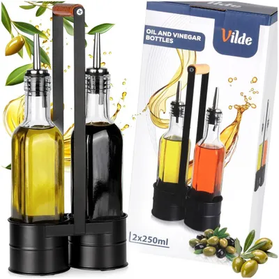Produktbild von Vilde | Essig und Ölflaschen Set - 3-tlg. Menage mit Ständer - Glasflaschen 250 ml - Edelstahl Ausgießer