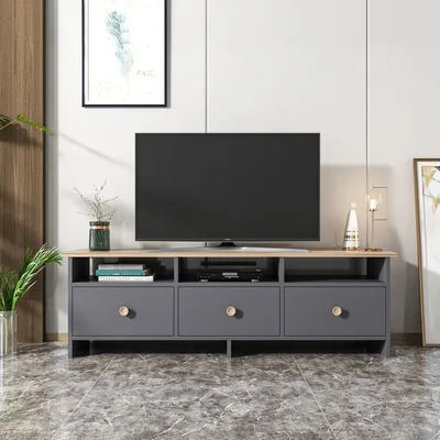 Immagine prodotto di Skye Decor, mobile TV moderno in antracite e rovere, 150 x 47 x 36 cm | Pannello truciolare rivestito al 100% in melamina, spessore 18 mm | Dotato di numerosi ripiani, montabile a parete, elegante e funzionale.