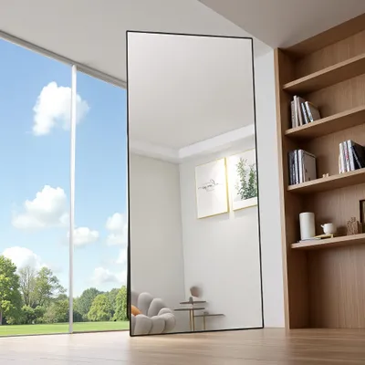 Immagine prodotto di Specchio rettangolare per il trucco in vetro temperato, cornice in alluminio nero, 1800x800 mm, design moderno ed elegante