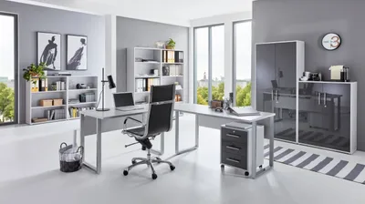 Produktbild von Büromöbel-Set TABOR PRO 6 in lichtgrau / anthrazit Hochglanz, Arbeitszimmer Komplett-Set