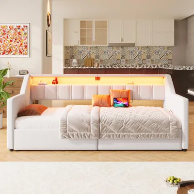Produktbild von STILVORA Polsterbett 90x200 Schlafsofa mit Ausziehbett und LED-Beleuchtung,Tagesbett mit USB und Type-C Ladeschnittstellen,Daybett mit 2 Schubladen und Stauraumtaschen,mit Matratze,Beige