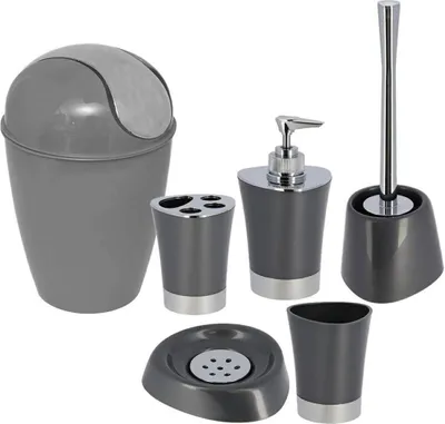 Obrázek produktu pro Tendance sada koupelnových doplňků 6dílný dávkovač mýdla miska na zubní kartáčky kelímek na WC štětku odpadkový koš šedý polypropylen 8x8x15 cm